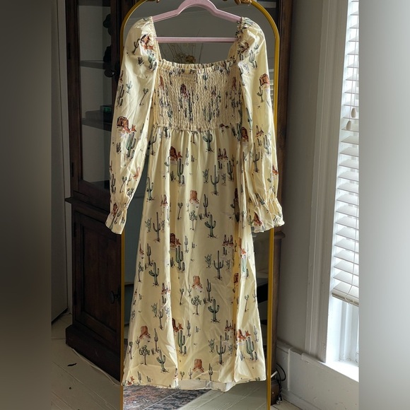 NWOT Jolene Joshua Tree Butter Yellow Print Shirred Western Print Dress - Picture 1 of 12